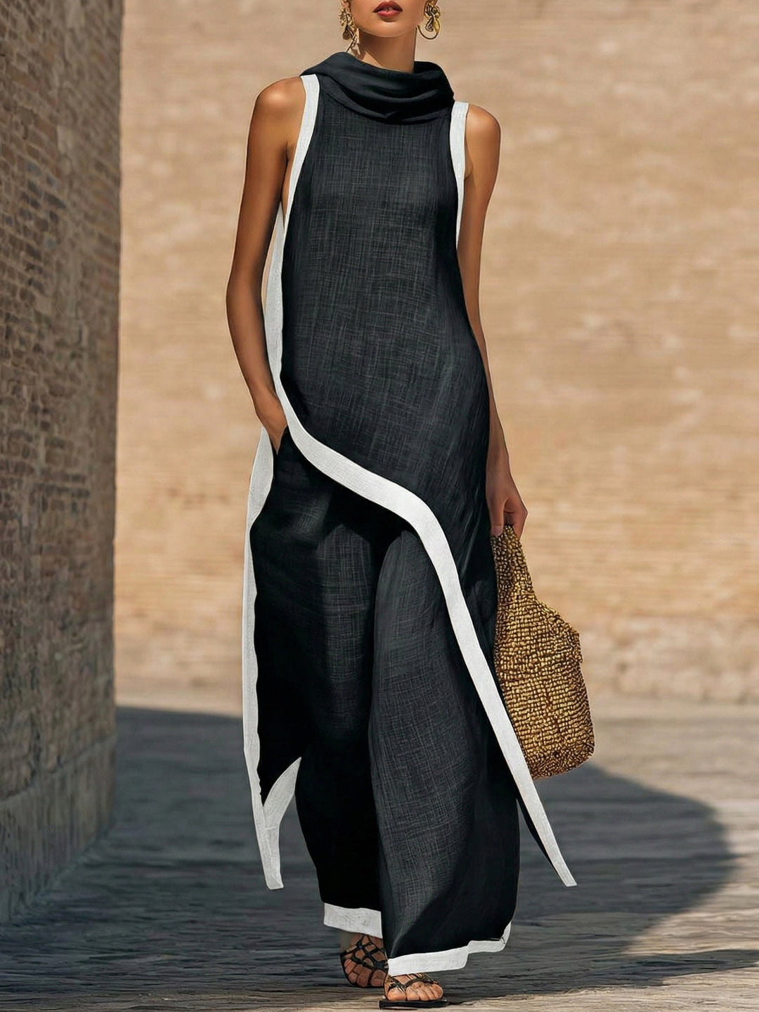 Flowing women's cotton-linen two-piece set with an elegant draped asymmetric top & wide-leg pants. Spring/summer style.