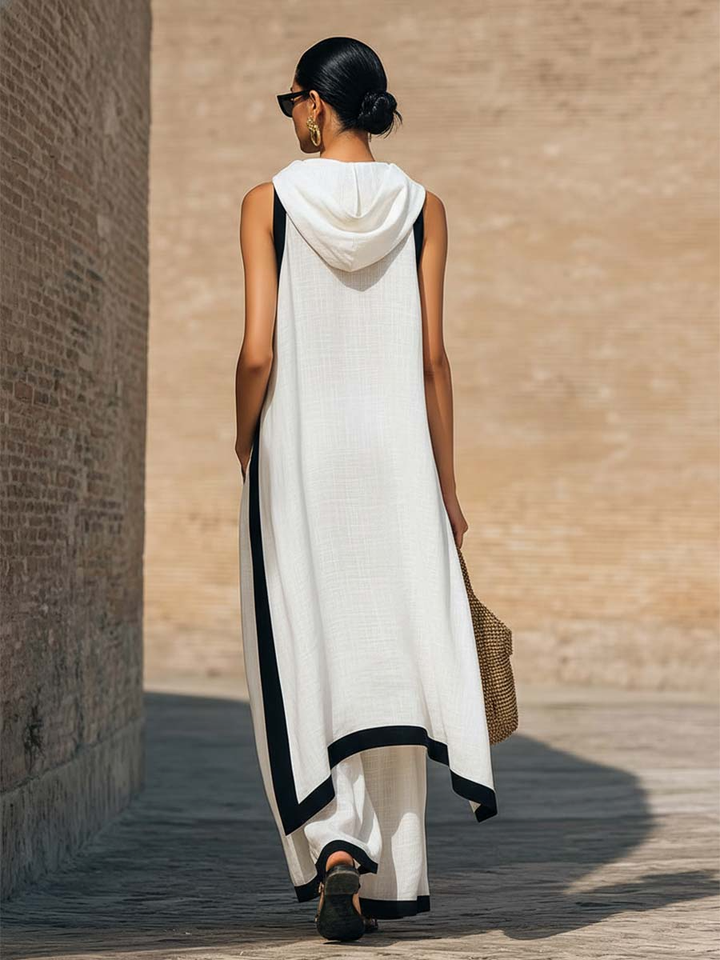 Breathable cotton-linen two-piece set for women, featuring a draped top & wide-leg pants. Ideal for resort wear.