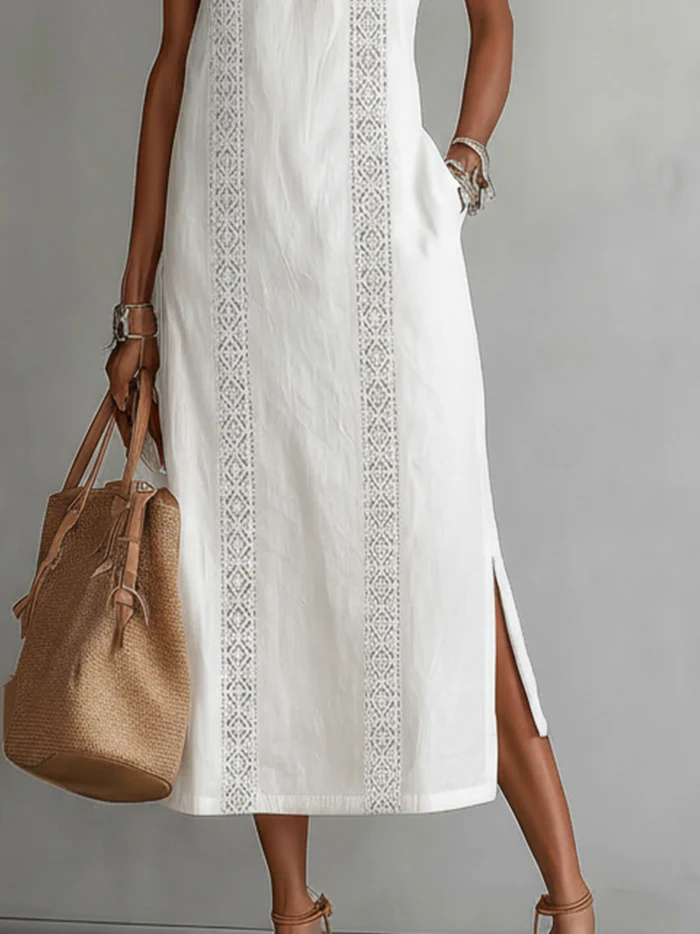 Comfortable flowing women's midi dress with mandarin collar, ideal for summer vacation.