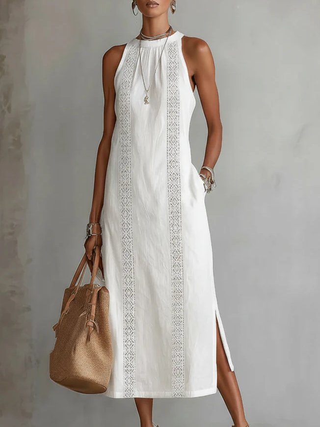 Elegant women's midi dress with mandarin collar, perfect for chic summer events.