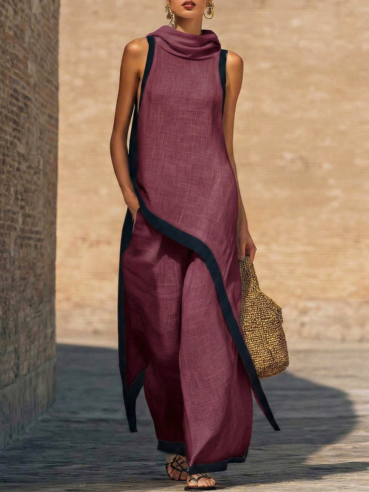 Elegant women's cotton-linen two-piece set, featuring an asymmetric draped top and wide-leg pants. Summer casual chic.