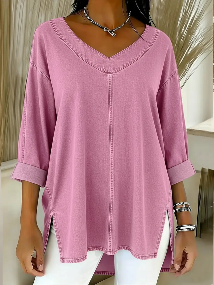Versatile women's denim shirt, long sleeve, V-neck. Ideal for office casual & modern everyday fashion.