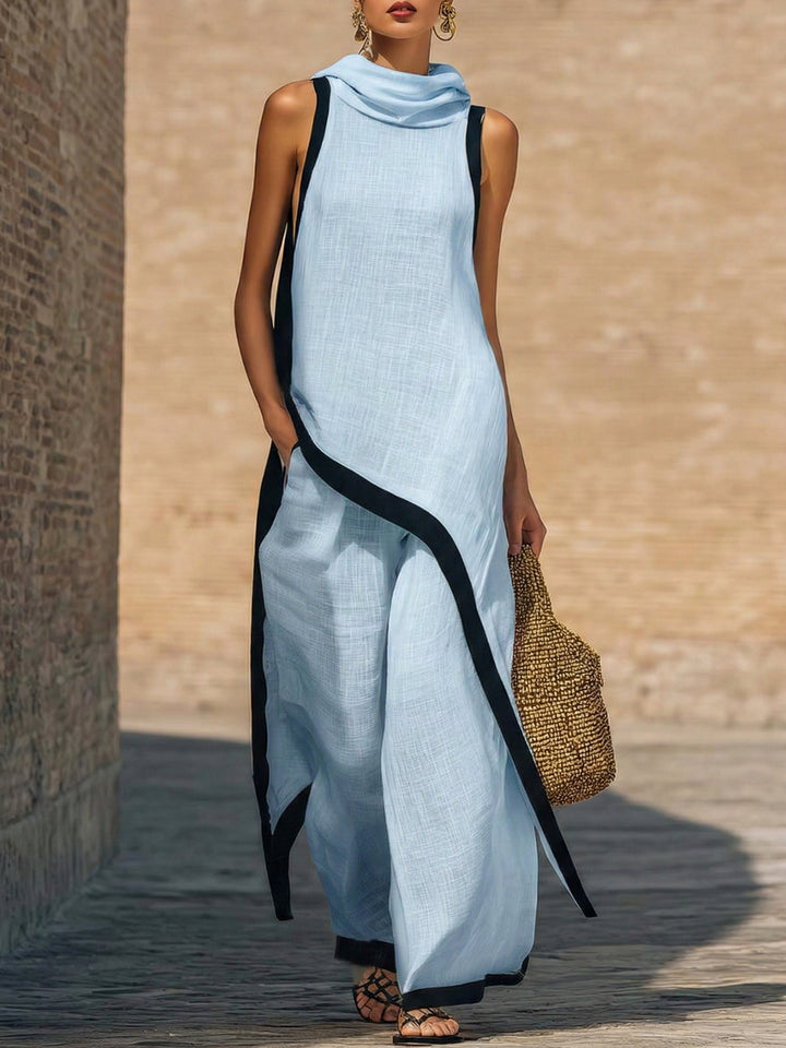 Elegant women's two-piece set with a draped, asymmetric top & comfortable wide-leg cotton-linen pants.
