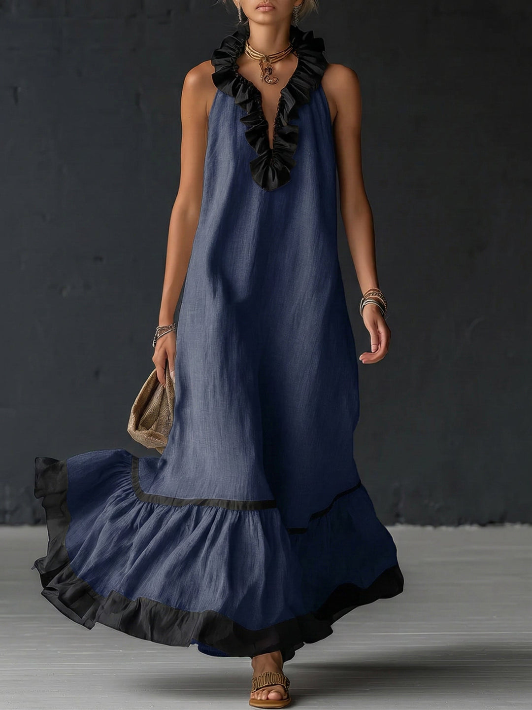 Stylish women's color-block ruffle maxi dress, perfect for casual chic or elegant evening wear.