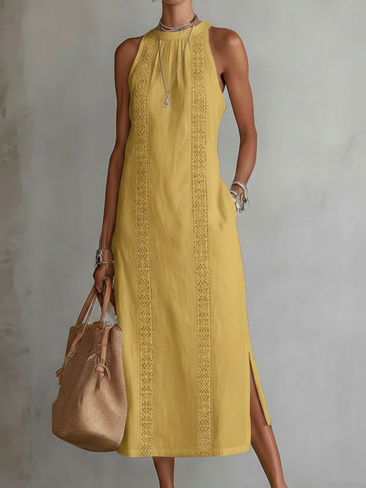 Lightweight women's summer midi dress, elegant with a distinctive mandarin collar.