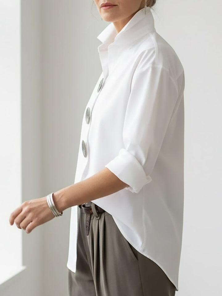 Versatile women's long sleeve blouse with large buttons & stand collar, a chic addition to any casual wardrobe.