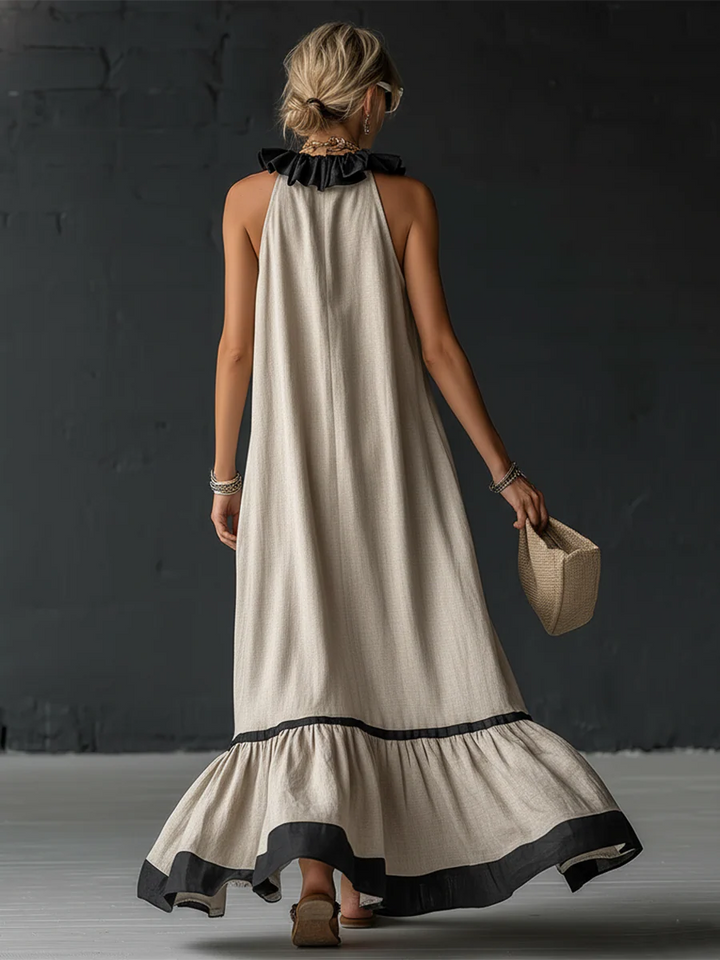 Flowing color-block ruffle maxi dress for women, ideal for elegant occasions & summer fashion.