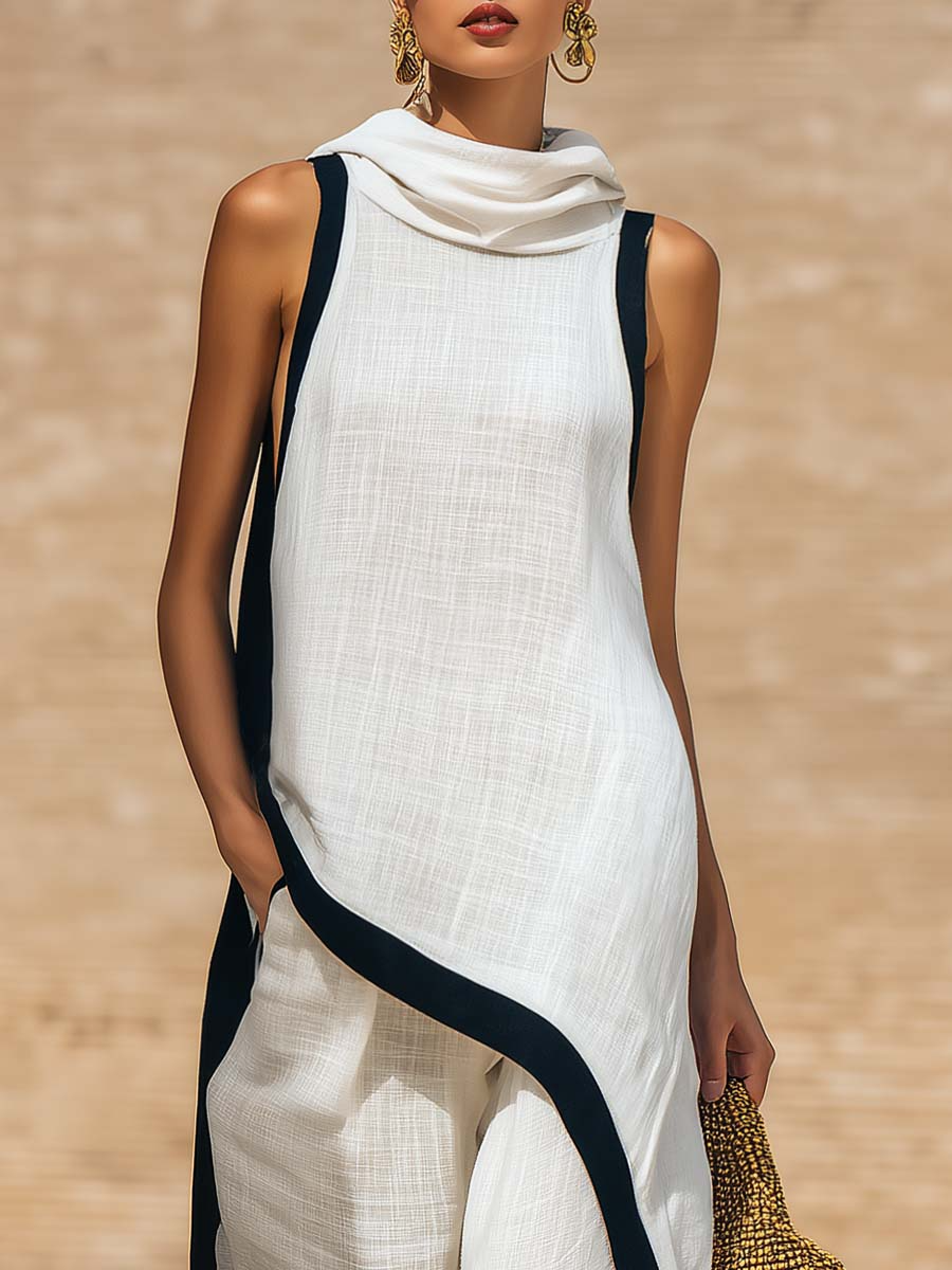 Women's casual chic cotton-linen set: asymmetric top & wide-leg pants. Great for summer outings & resort wear.