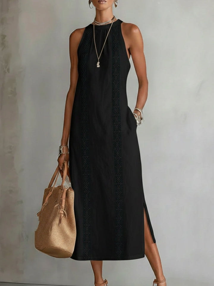 Elegant women's vacation midi dress with a chic mandarin collar, perfect for a modest summer look.