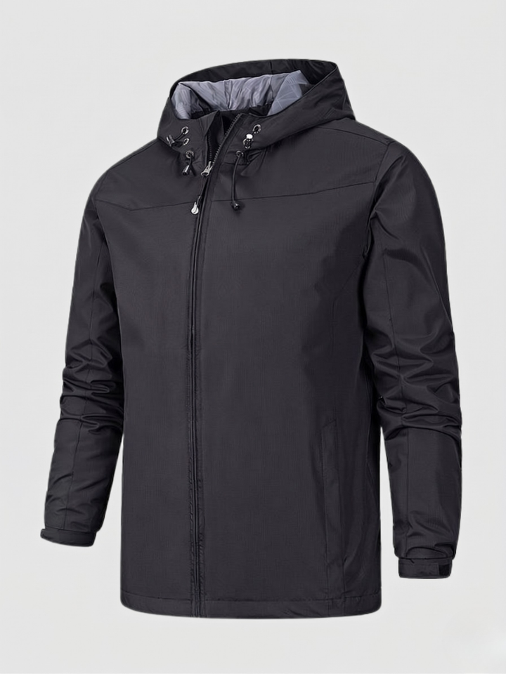 Men's versatile lightweight hooded jacket in black, ideal for casual all-season outerwear with a full zip.