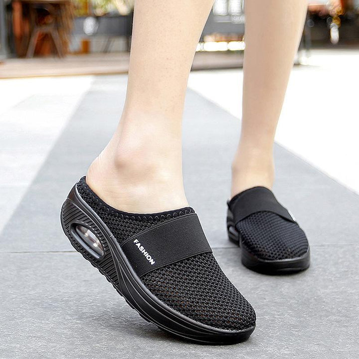 Comfortable women's walking shoes: slip-on design, orthopedic support, and air cushion sole.