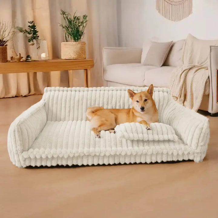 Orthopaedic washable dog sofa in dark grey, light grey or white. Ideal for all breeds, offering plush, joint-supportive comfo