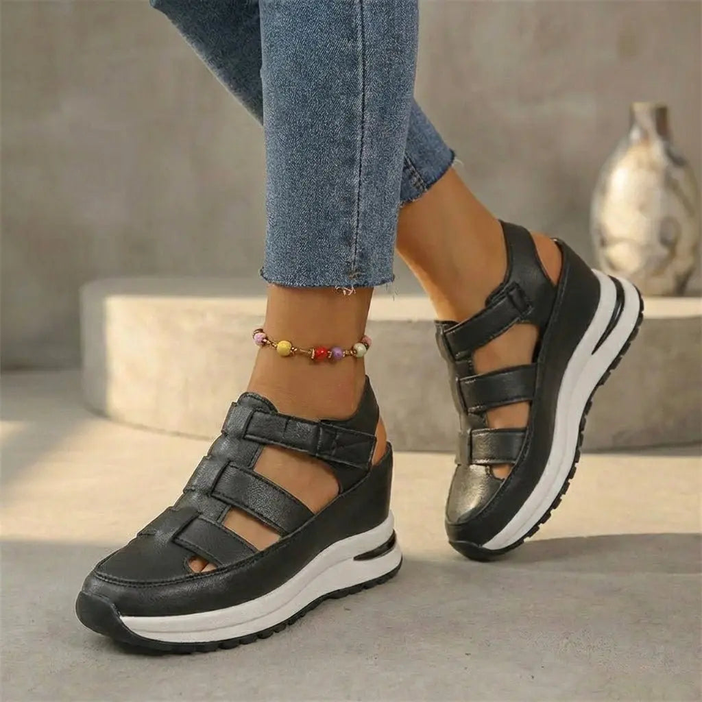 Women's orthopedic platform trainers with hook & loop strap, supportive, comfortable for everyday wear.