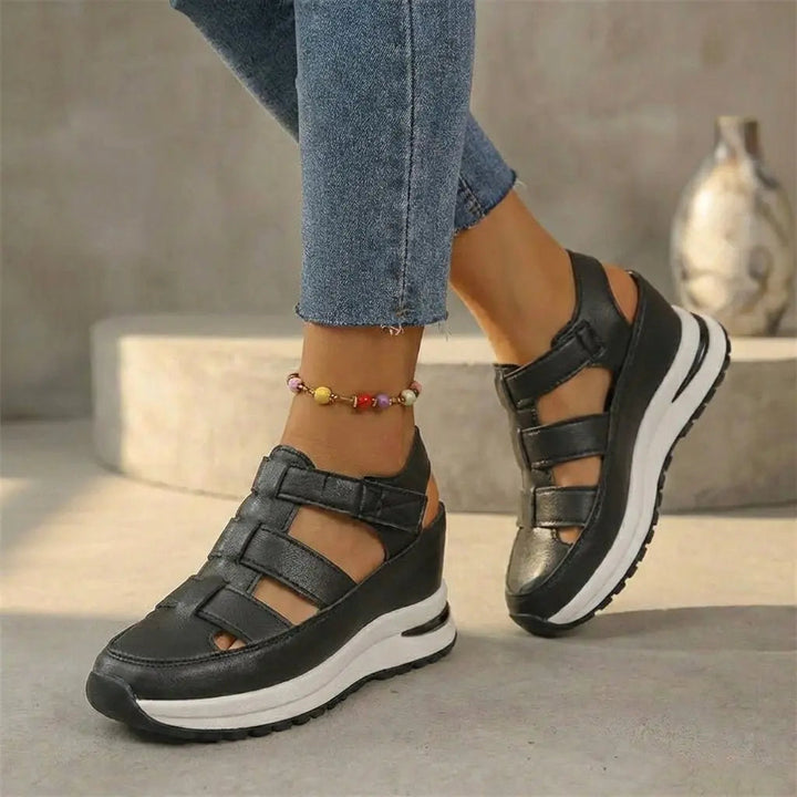 Women's orthopedic platform trainers with hook & loop strap, supportive, comfortable for everyday wear.