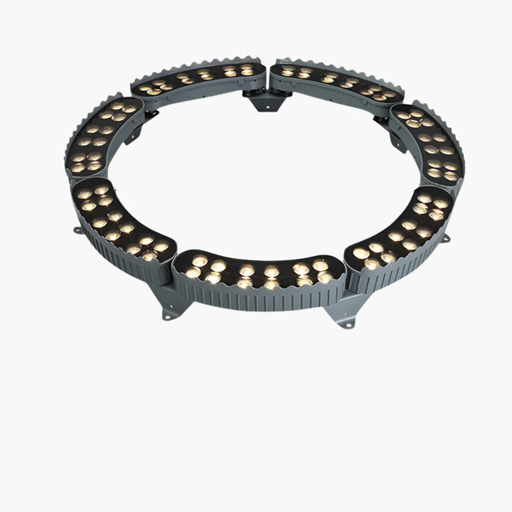 "Outdoor LED spotlights softly lighting tree bases with warm white glow, enhancing garden aesthetics with elegant aluminum de