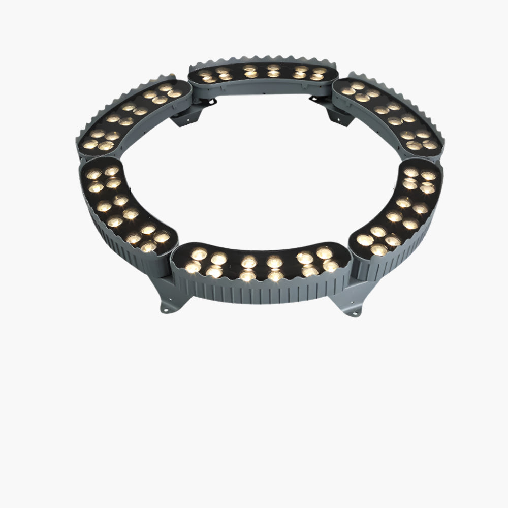 "Outdoor LED spotlights softly lighting tree bases with warm white glow, enhancing garden aesthetics with elegant aluminum de