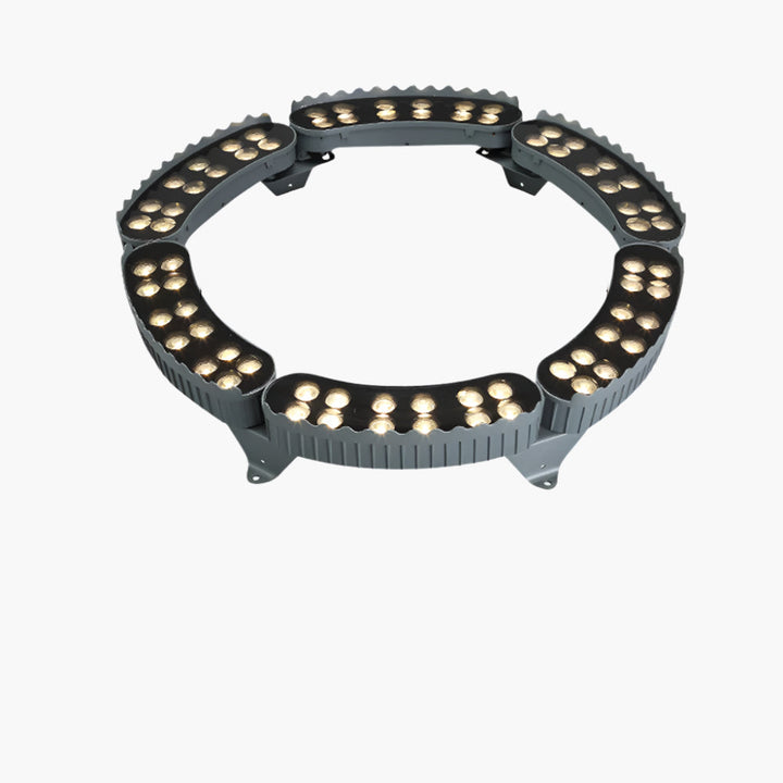 "Outdoor LED spotlights softly lighting tree bases with warm white glow, enhancing garden aesthetics with elegant aluminum de