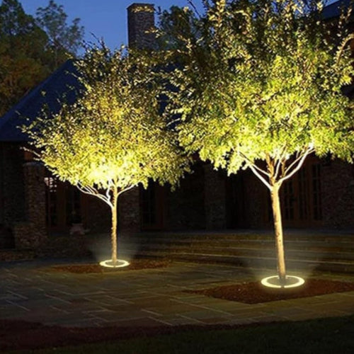 "Outdoor LED spotlights softly lighting tree bases with warm white glow, enhancing garden aesthetics with elegant aluminum de