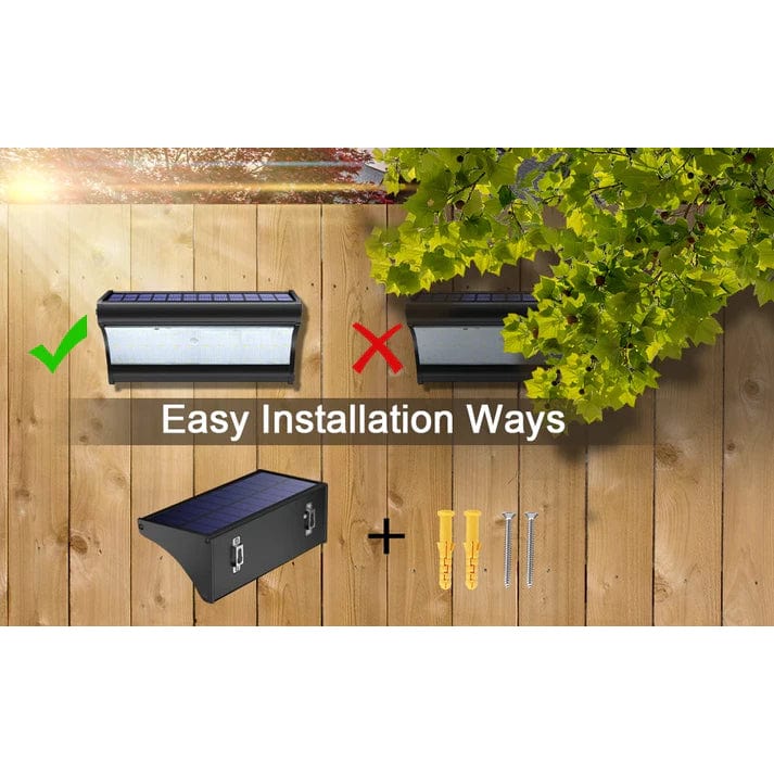 Black outdoor solar LED wall light with motion sensor, aluminum body, cool white LED, IP66 waterproof.