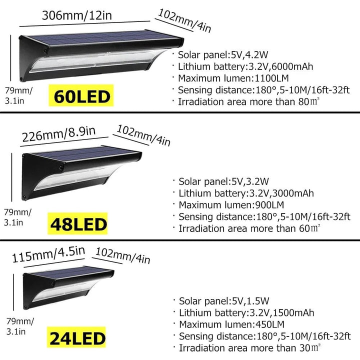 Silver outdoor solar LED wall light with motion sensor, aluminum body, cool white LED, IP66 waterproof.