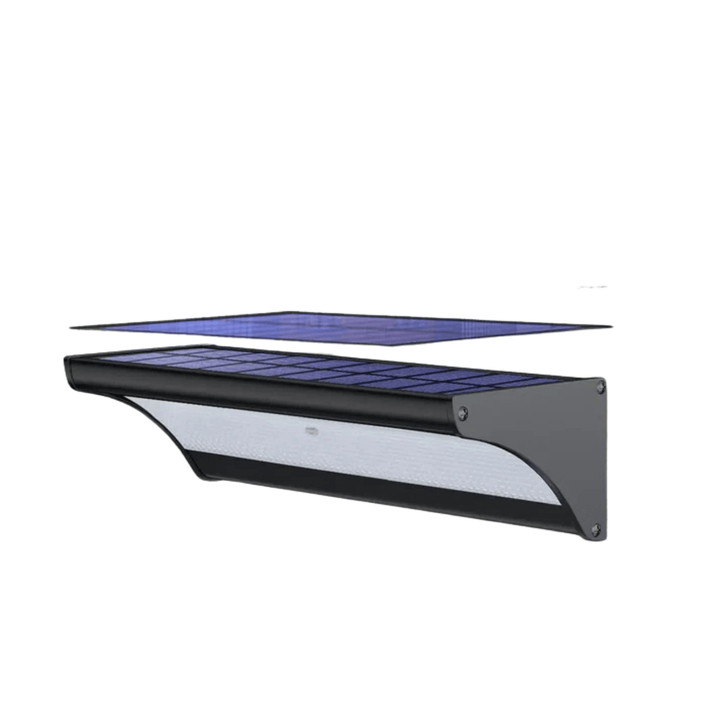Silver outdoor solar LED wall light with motion sensor, aluminum body, warm white LED, IP66 waterproof.