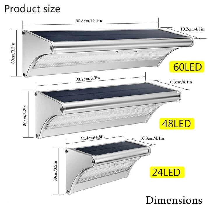 Black outdoor solar LED wall light with motion sensor, aluminum body, cool white LED, IP66 waterproof.
