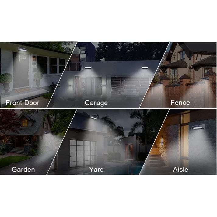 Black outdoor solar LED wall light with motion sensor, aluminum body, warm white LED, IP66 waterproof.