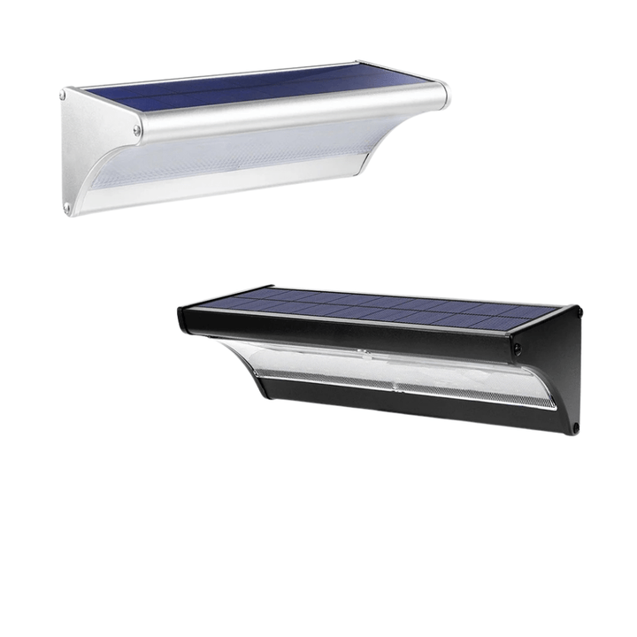 Black outdoor solar LED wall light with motion sensor, aluminum body, cool white LED, IP66 waterproof.