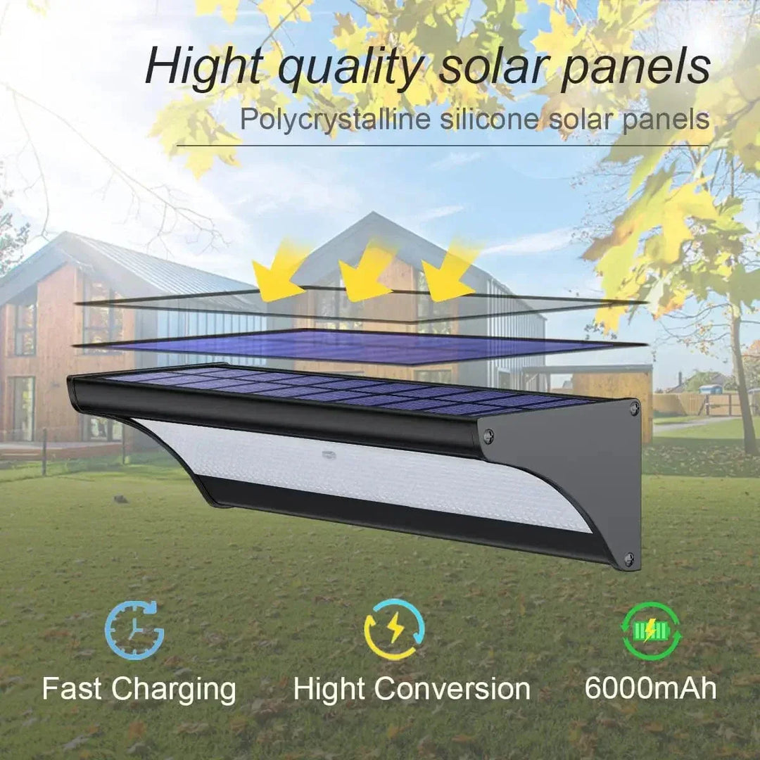 Black outdoor solar LED wall light with motion sensor, aluminum body, warm white LED, IP66 waterproof.