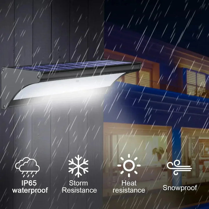 Silver outdoor solar LED wall light with motion sensor, aluminum body, cool white LED, IP66 waterproof.