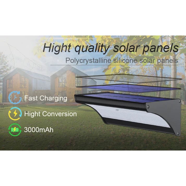 Silver outdoor solar LED wall light with motion sensor, aluminum body, cool white LED, IP66 waterproof.