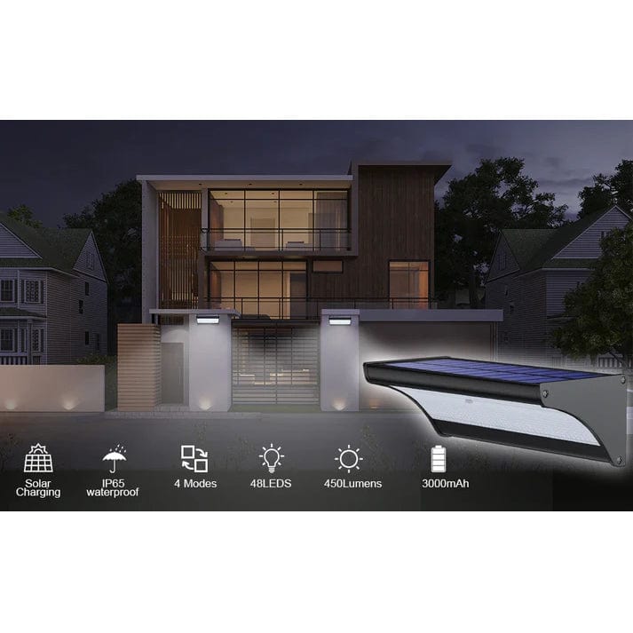 Silver outdoor solar LED wall light with motion sensor, aluminum body, warm white LED, IP66 waterproof.
