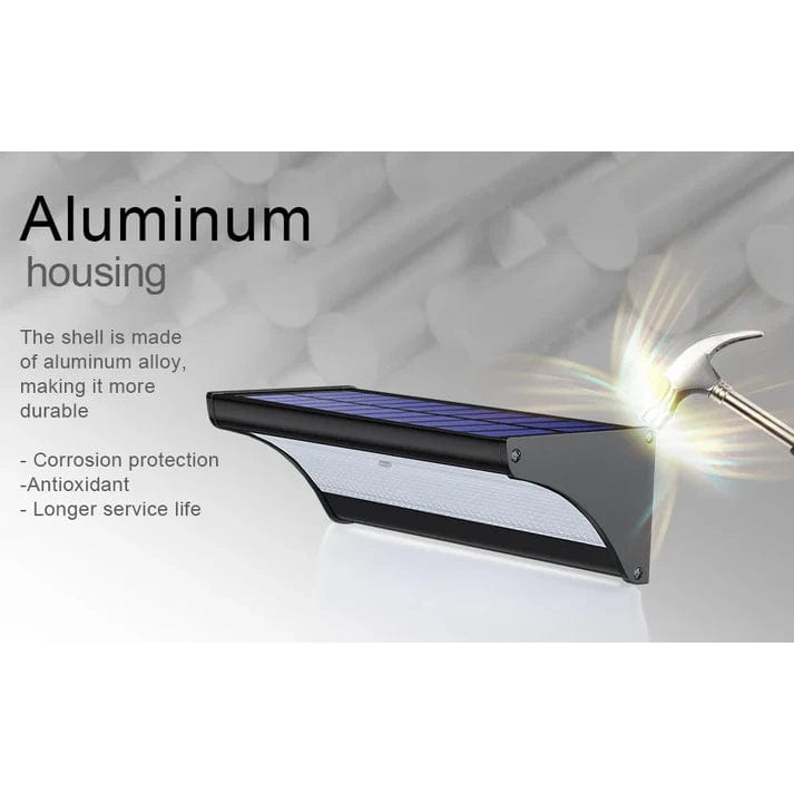 Outdoor solar LED wall light with motion sensor, demonstrating wide angle detection.