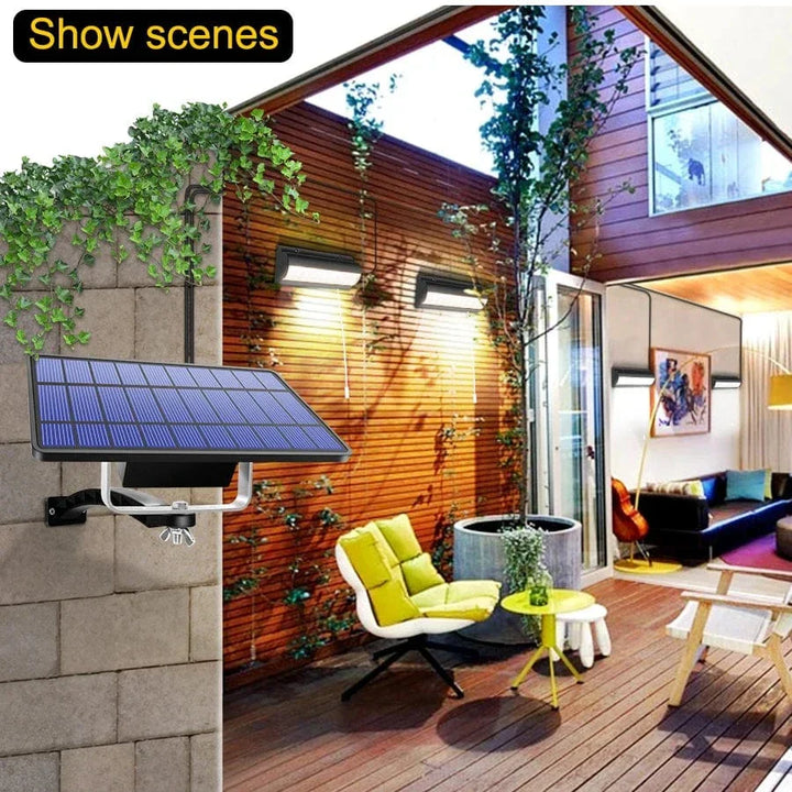 Outdoor Solar Pendant LED Light with dual/single options, art deco style, warm/cool white, weatherproof, 30 LEDs per head.