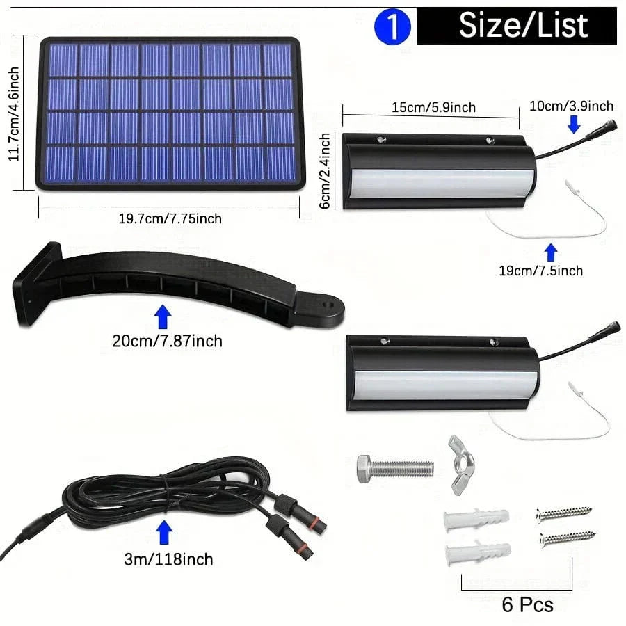 Outdoor Solar Pendant LED Light with dual/single options, art deco style, warm/cool white, weatherproof, 30 LEDs per head.