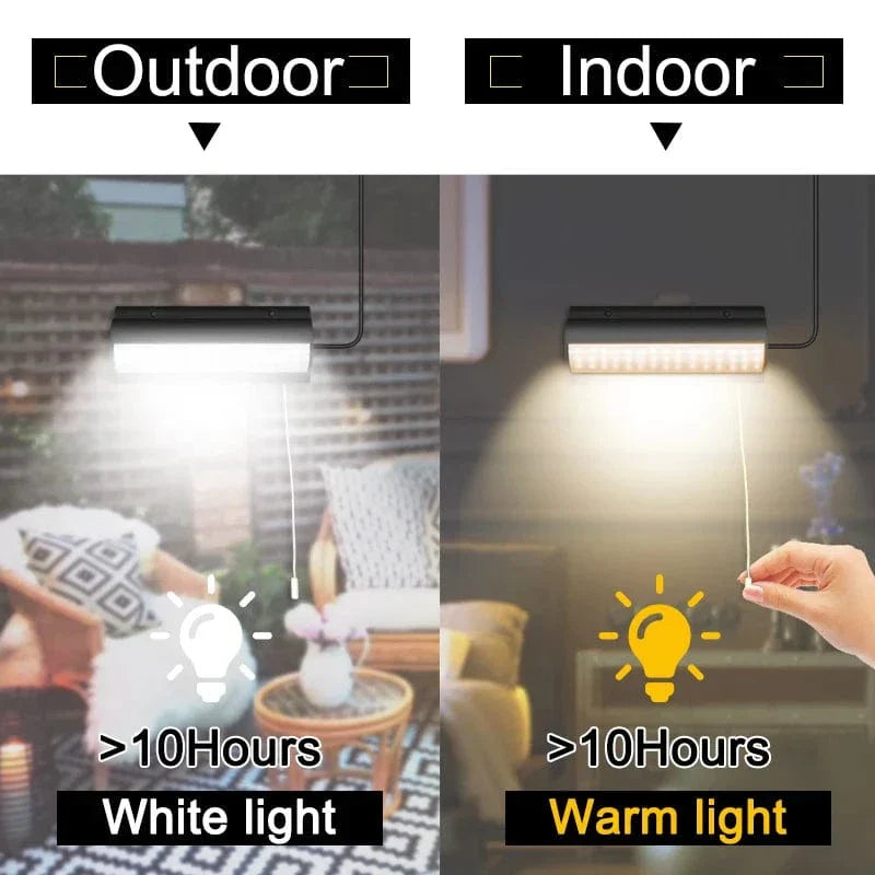 Outdoor Solar Pendant LED Light with dual/single options, art deco style, warm/cool white, weatherproof, 30 LEDs per head.
