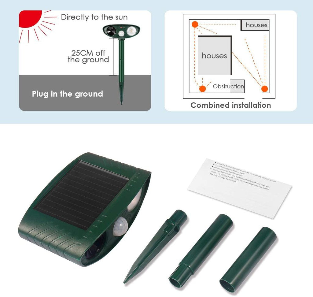 Outdoor solar ultrasonic cat repeller for gardens; eco-friendly device with motion sensors, green and black with solar panel.