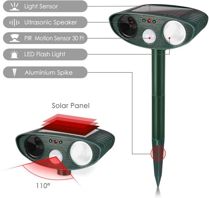 Outdoor solar ultrasonic cat repeller for gardens; eco-friendly device with motion sensors, green and black with solar panel.