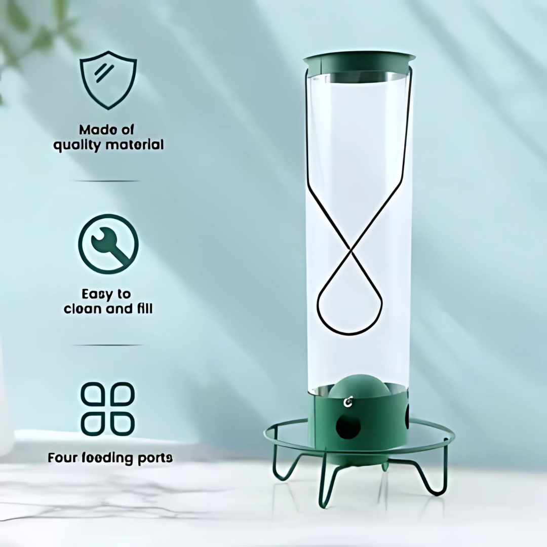 Outdoor squirrel-proof bird feeder with spinning perch, durable metal design, prevents squirrel access, large seed capacity.