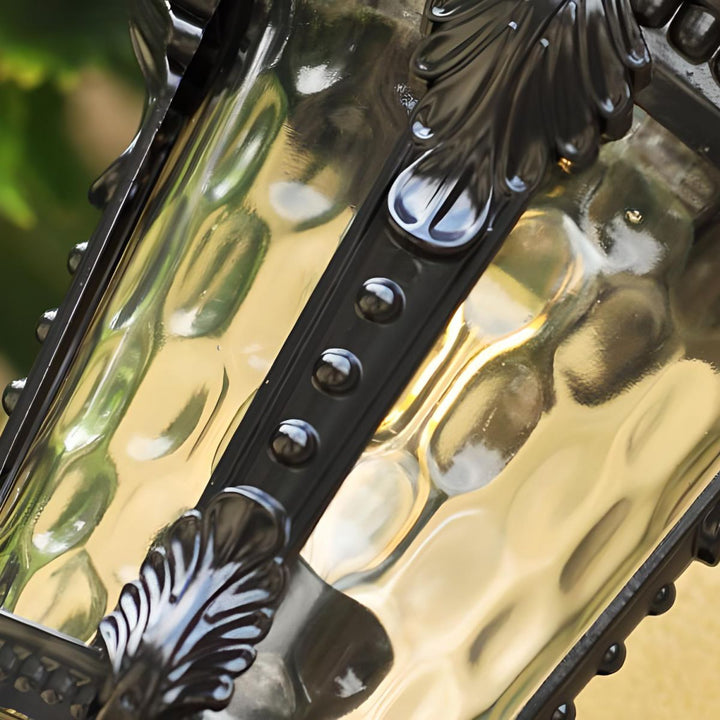 "Outdoor vintage glass wall lantern with aluminum frame, ideal for gardens, porches, providing warm and stylish ambiance."