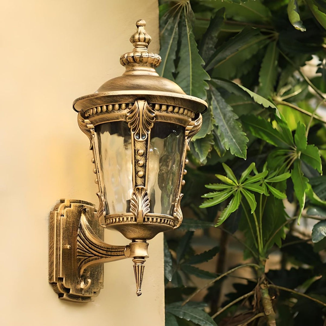 "Outdoor vintage glass wall lantern with aluminum frame, ideal for gardens, porches, providing warm and stylish ambiance."