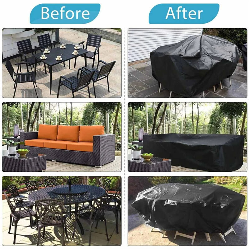 "Outdoor waterproof heavy-duty furniture cover, black 420D Oxford cloth blocks water, dirt. Fits patio furniture set."