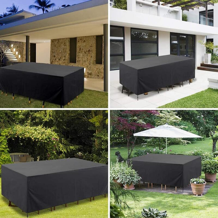 "Outdoor waterproof heavy-duty furniture cover, black 420D Oxford cloth blocks water, dirt. Fits patio furniture set."