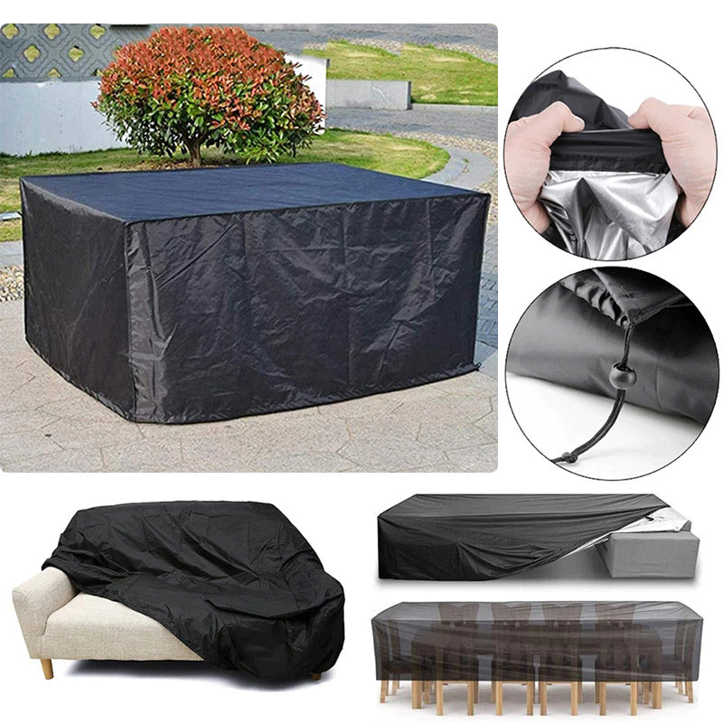 "Outdoor waterproof heavy-duty furniture cover, black 420D Oxford cloth blocks water, dirt. Fits patio furniture set."