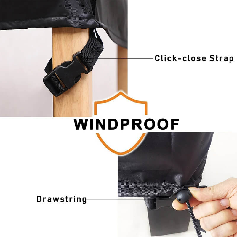 "Outdoor waterproof heavy-duty furniture cover, black 420D Oxford cloth blocks water, dirt. Fits patio furniture set."