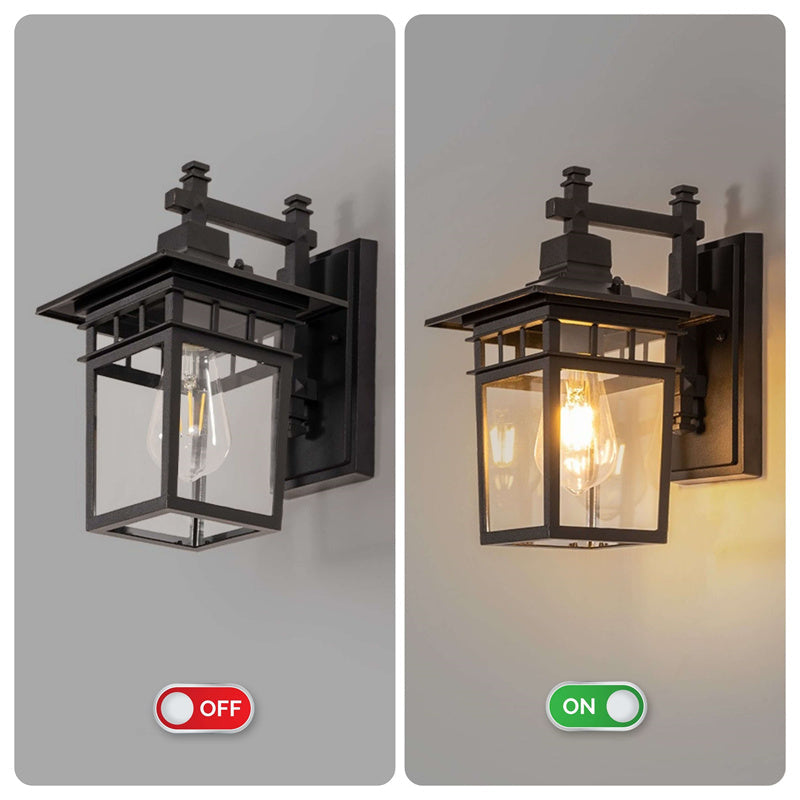 Chic outdoor wall lantern, enhancing curb appeal for garden & entrance spaces. Modern rustic design.