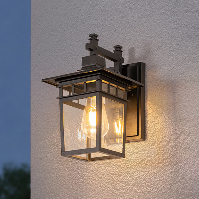 Modern rustic outdoor wall light, black aluminum lantern for porch, patio & garden lighting.