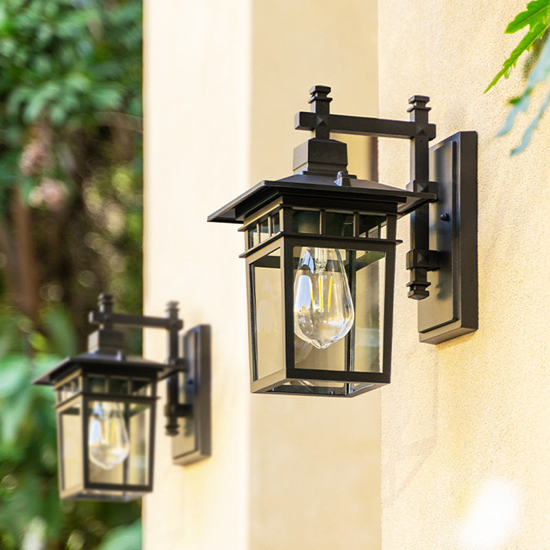 Rustic modern exterior wall light. Aluminum porch lantern for ambient garden & entrance lighting.