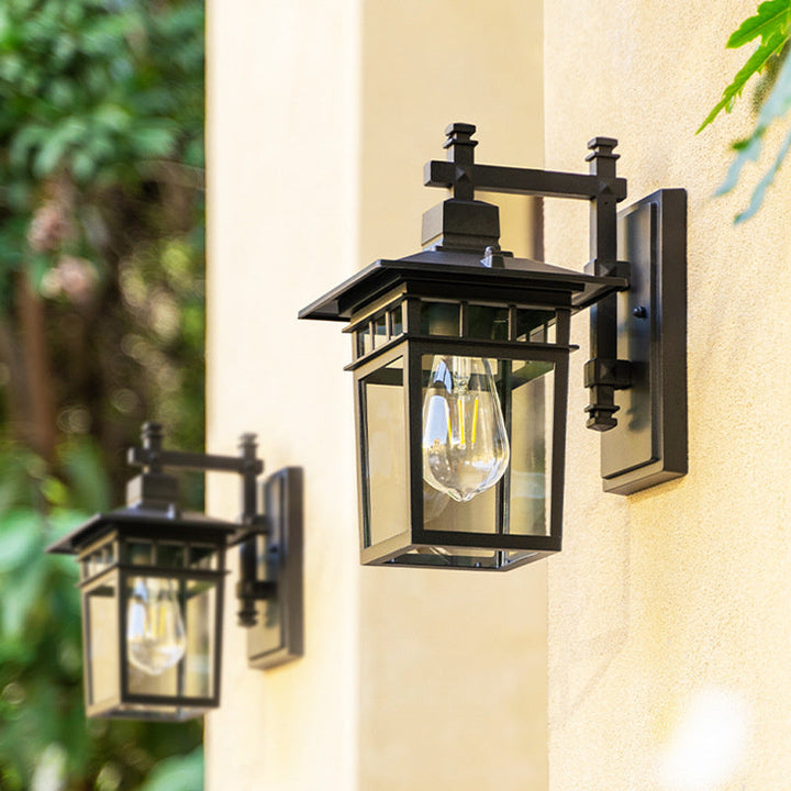 Rustic modern exterior wall light. Aluminum porch lantern for ambient garden & entrance lighting.