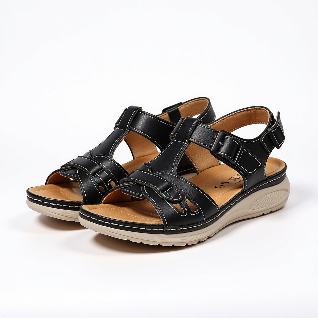 Comfortable women's brown walking sandals. Arch support & contoured footbed provide excellent support for all-day wear.